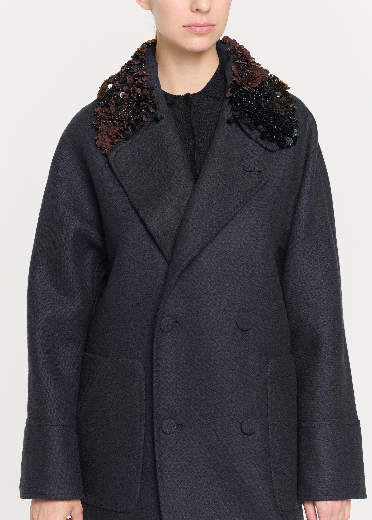 ダブルウール エンブロイダリ―カラーコート