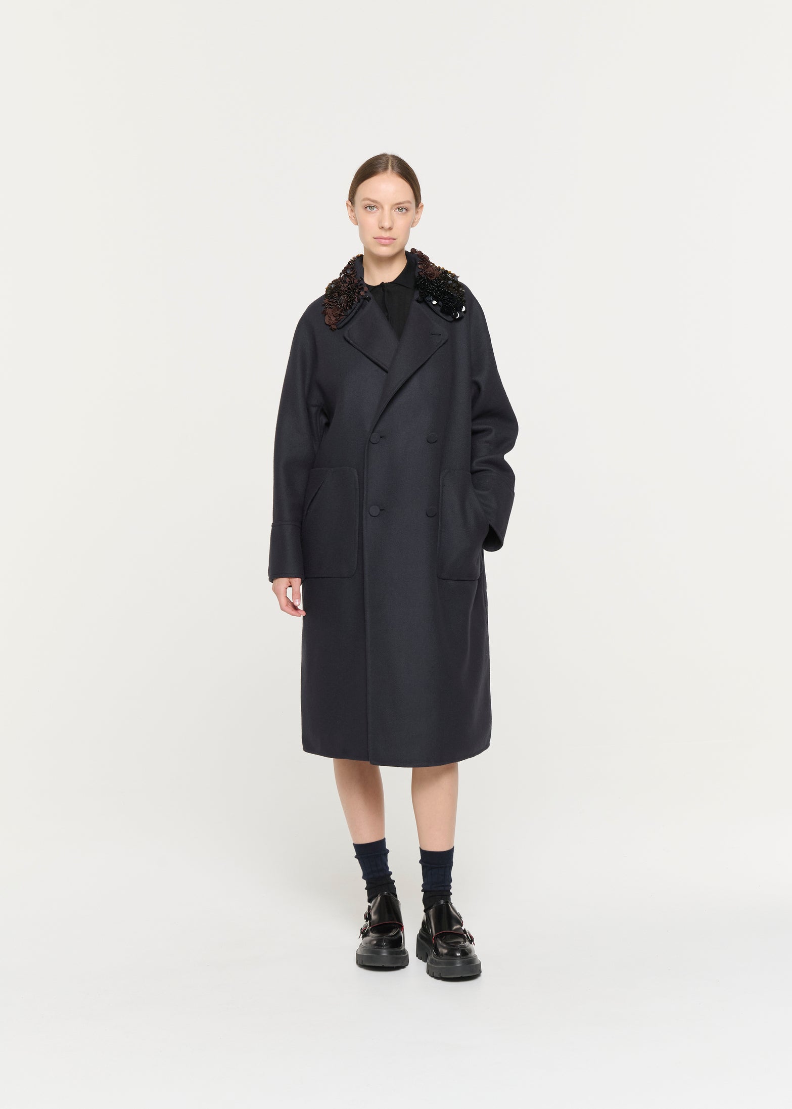 ダブルウール エンブロイダリ―カラーコート