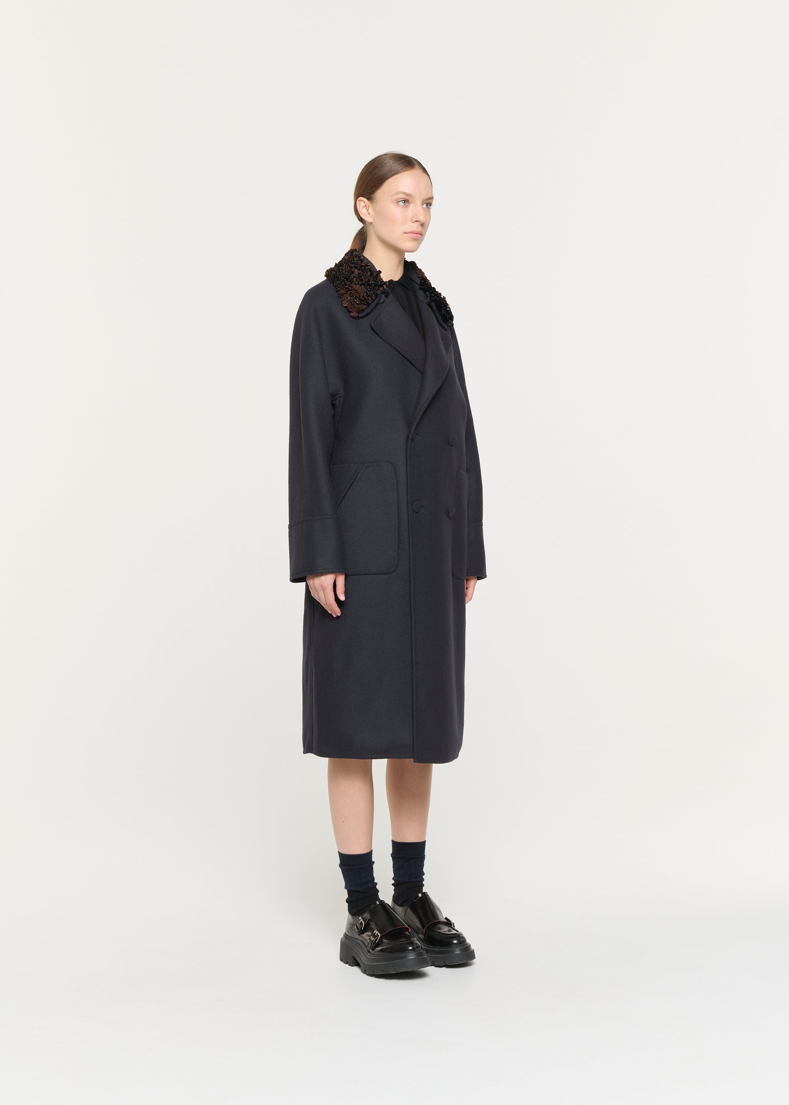 ダブルウール エンブロイダリ―カラーコート