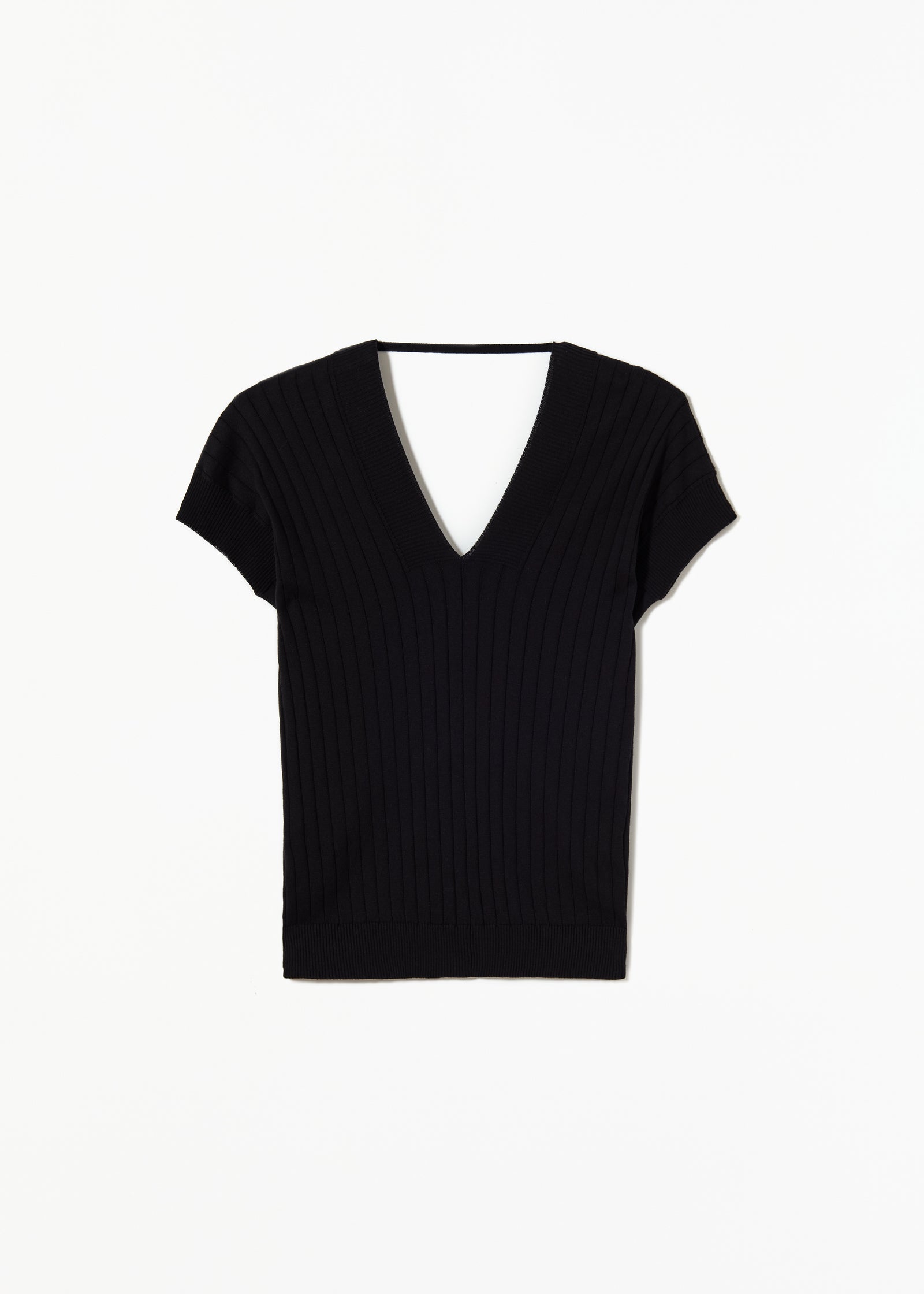 Vネックリブニット