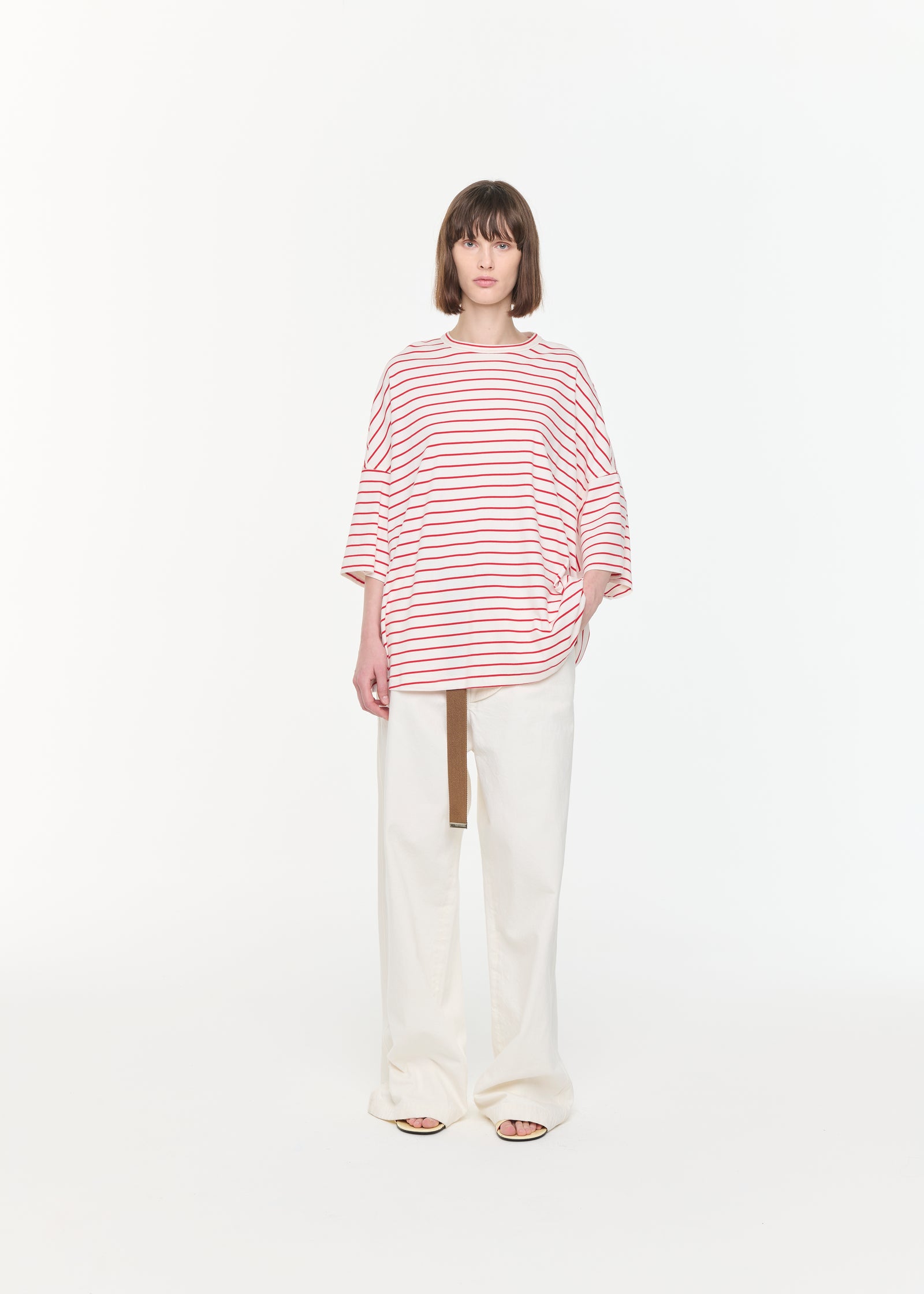 ホワイトレッドストライプワイドスリーブTシャツ