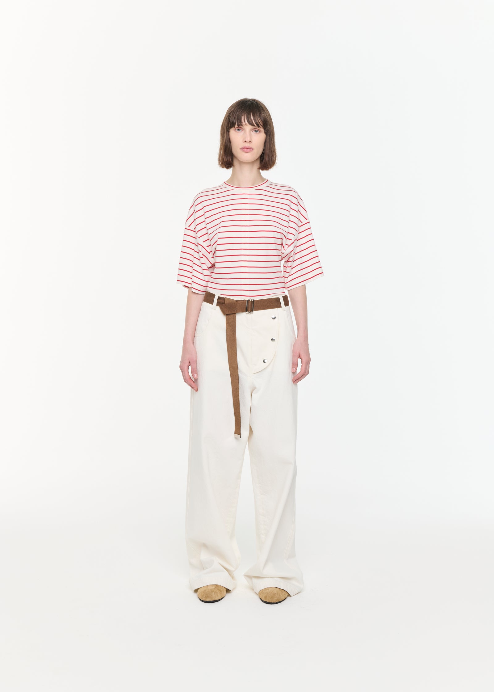 ホワイトレッドストライプフィットTシャツ