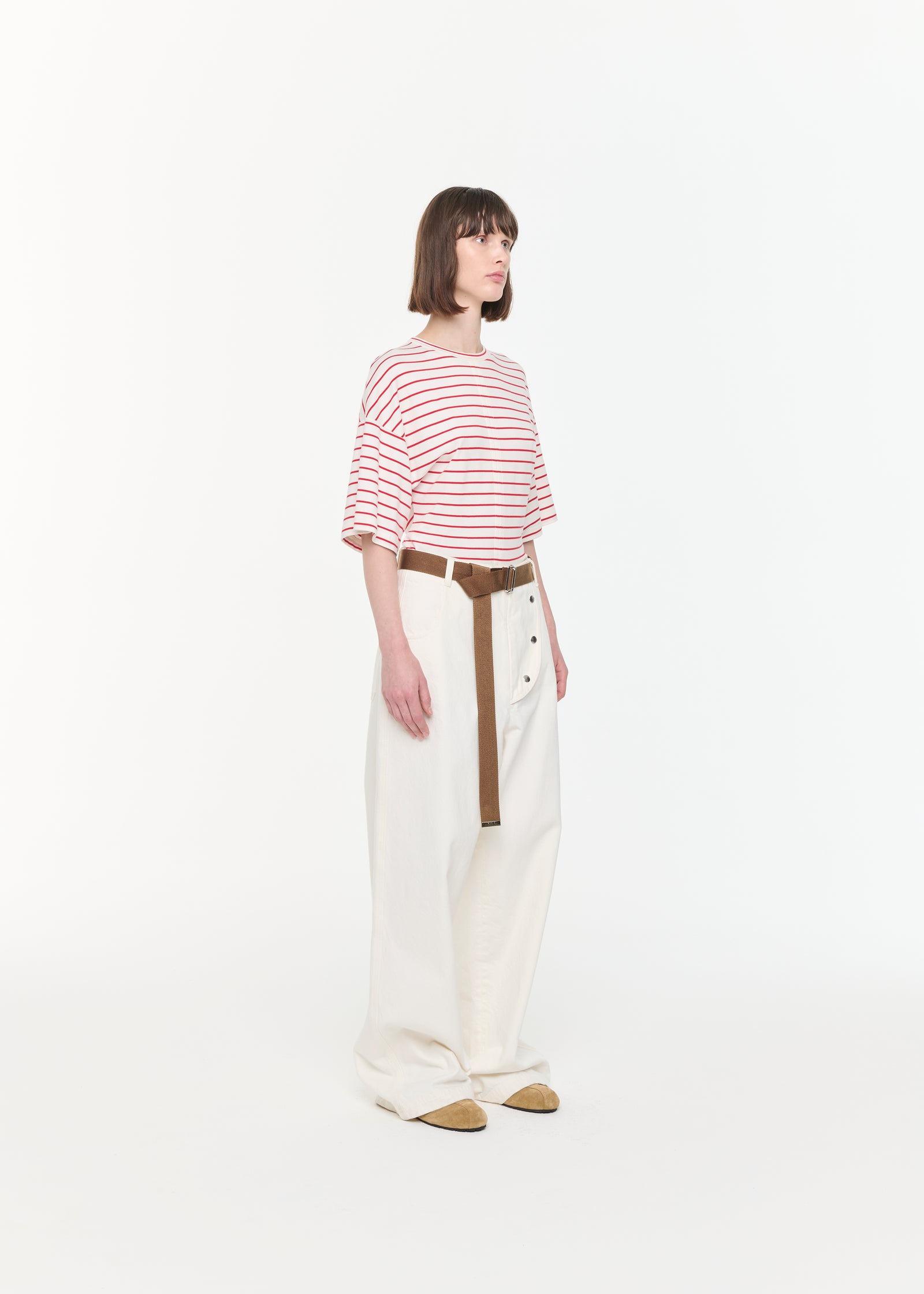 ホワイトレッドストライプフィットTシャツ