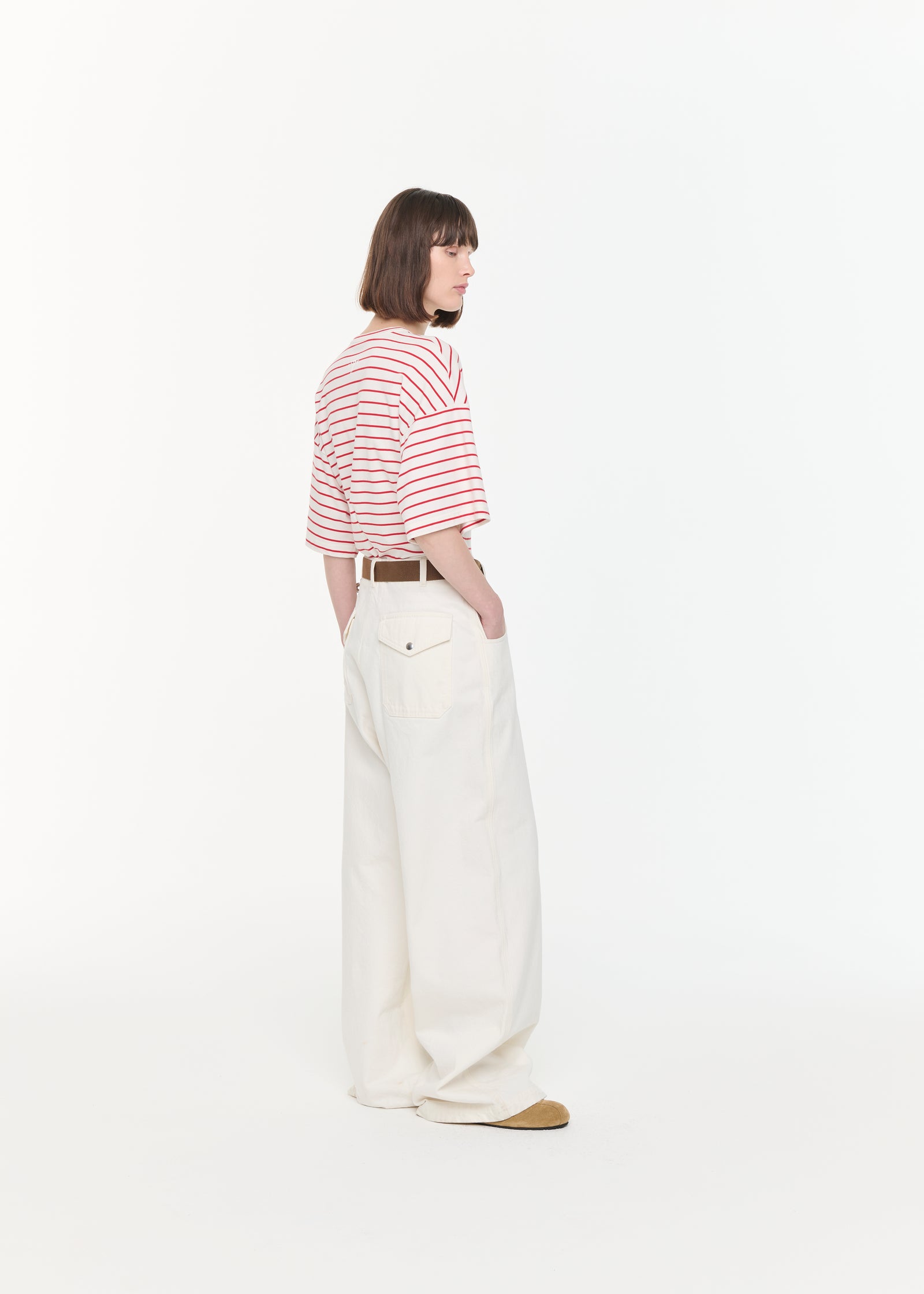 ホワイトレッドストライプフィットTシャツ