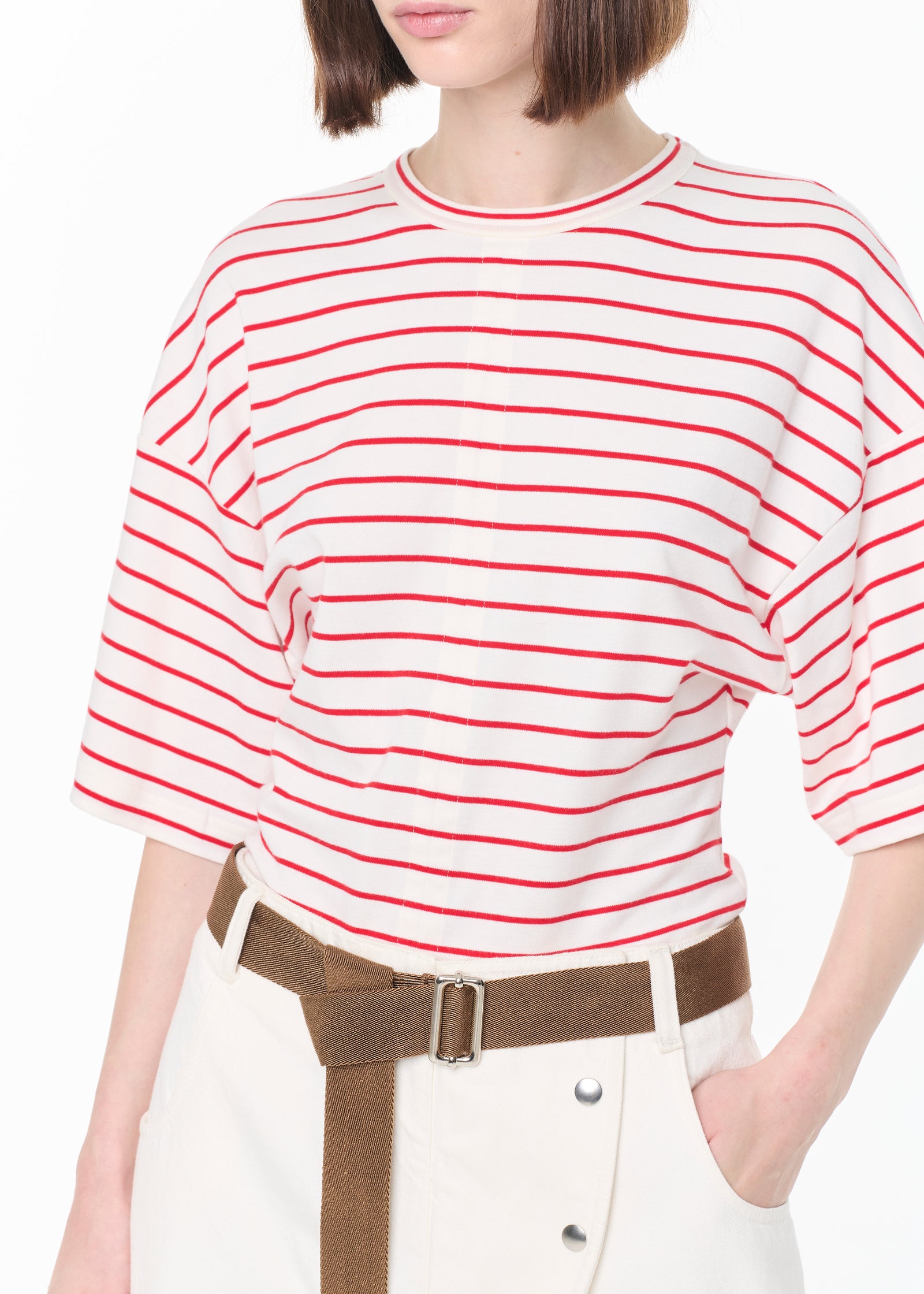 ホワイトレッドストライプフィットTシャツ