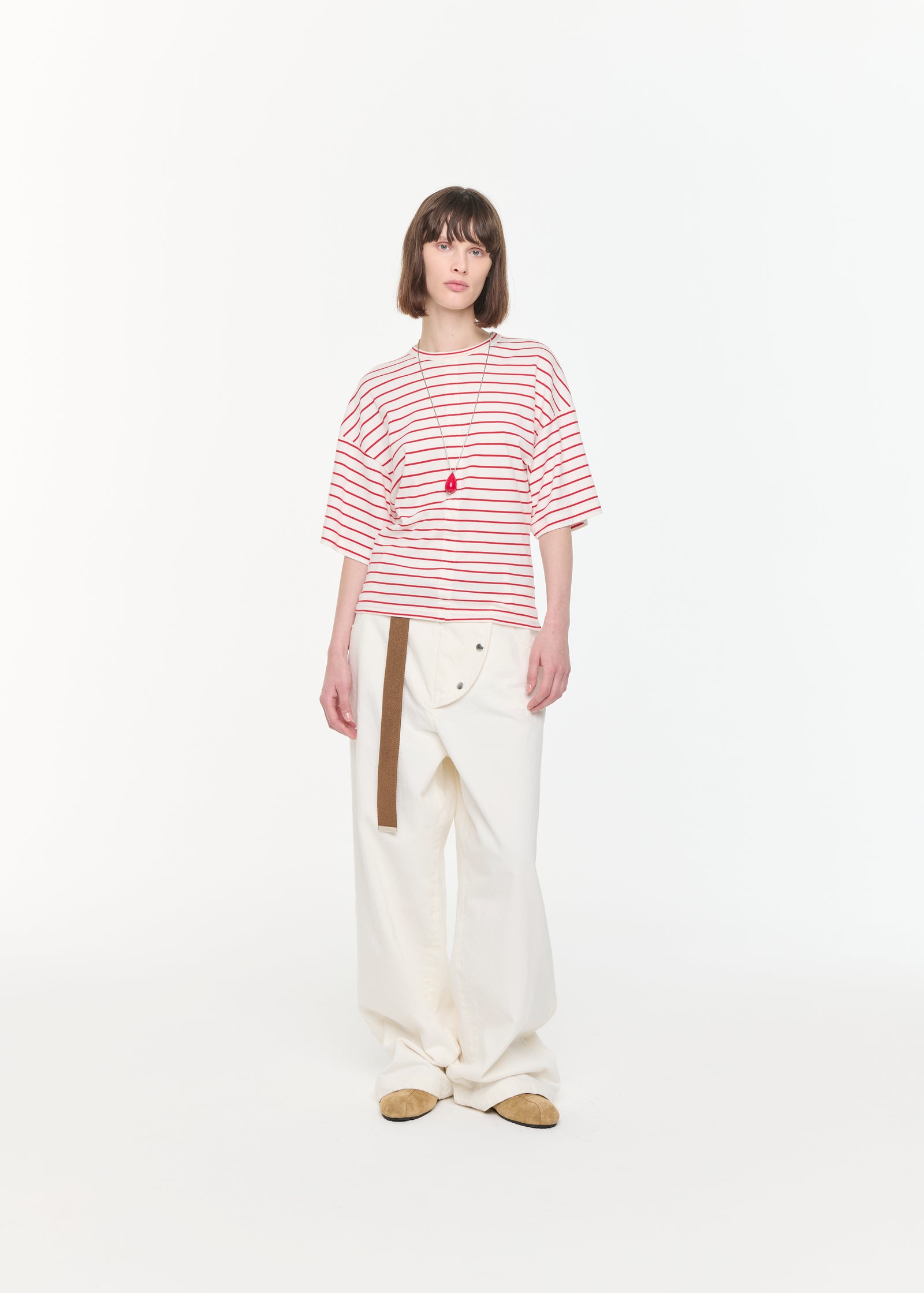 ホワイトレッドストライプフィットTシャツ