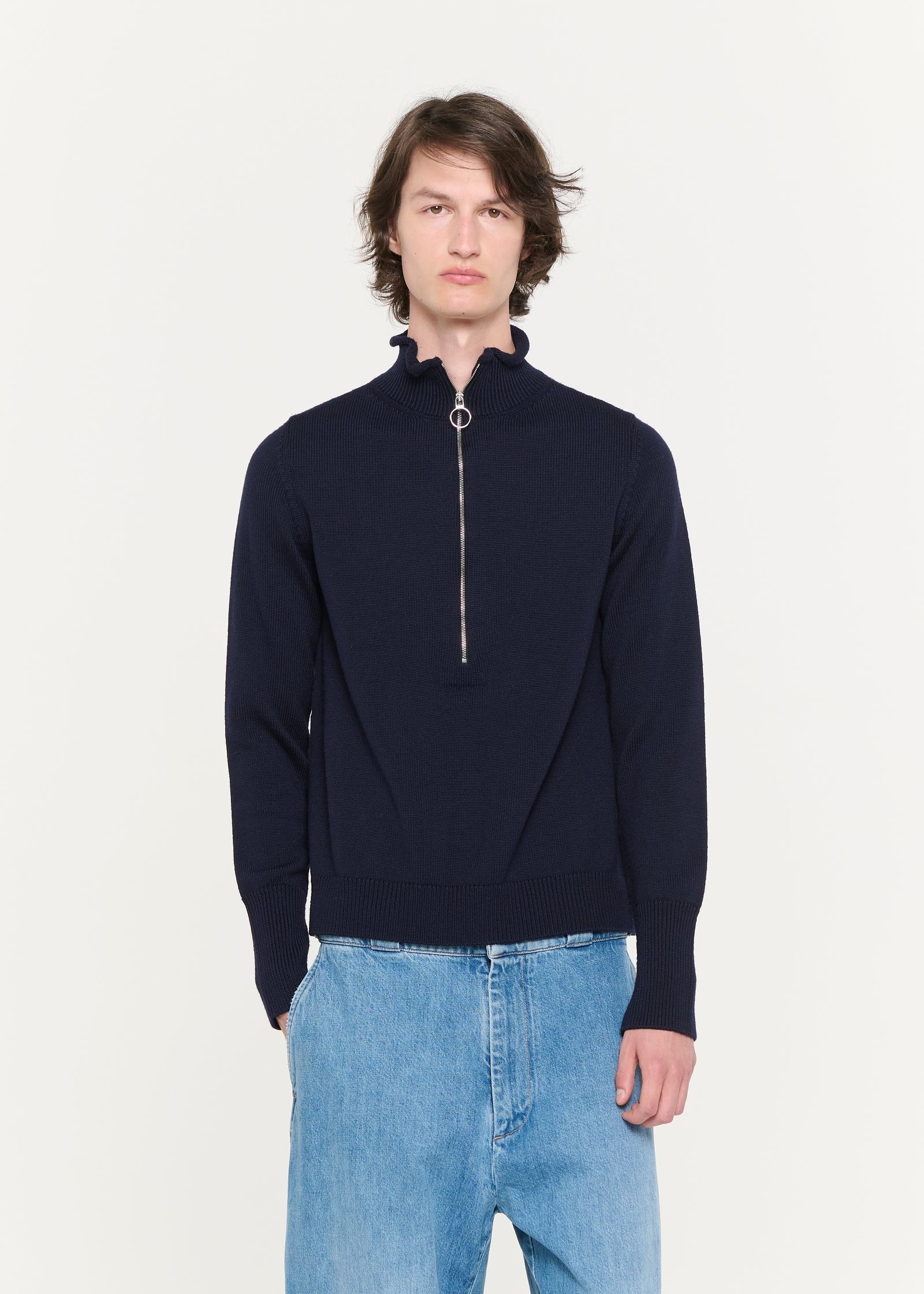 ソフトウール バスケットウェーブジップタートルニット