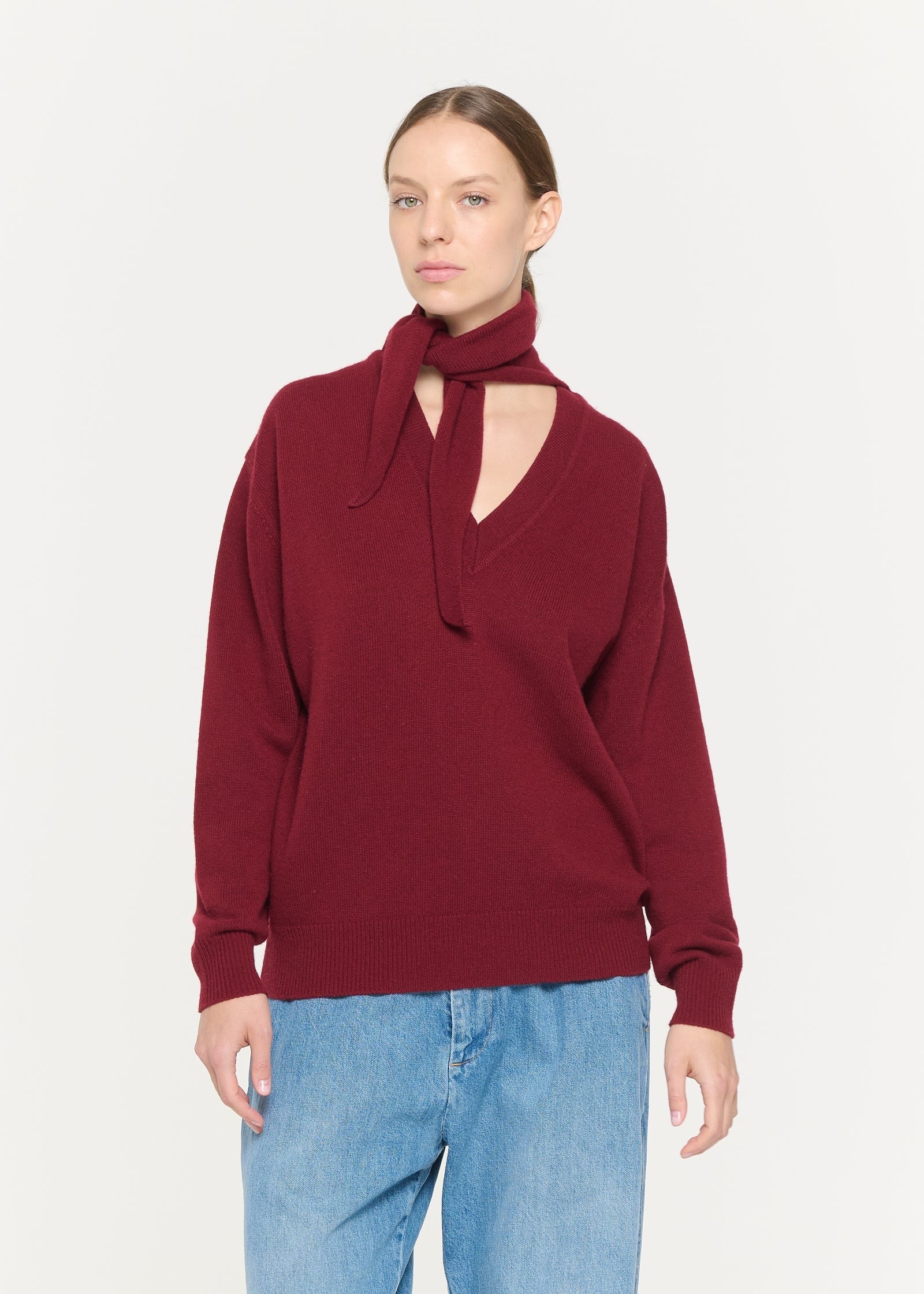 ウールカシミア スカーフ付きVネックプルオーバーニット | 【Plan C