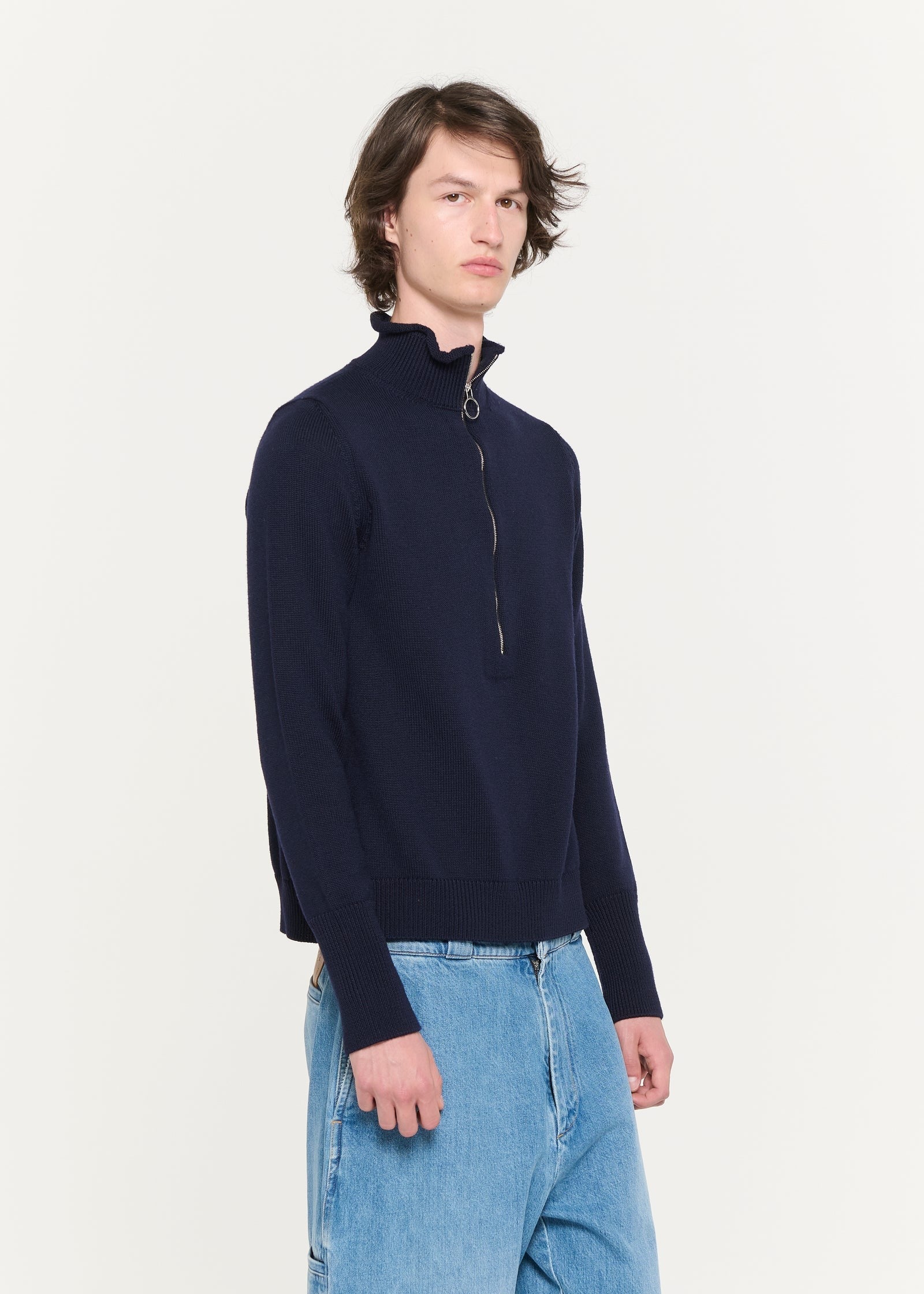 ソフトウール バスケットウェーブジップタートルニット